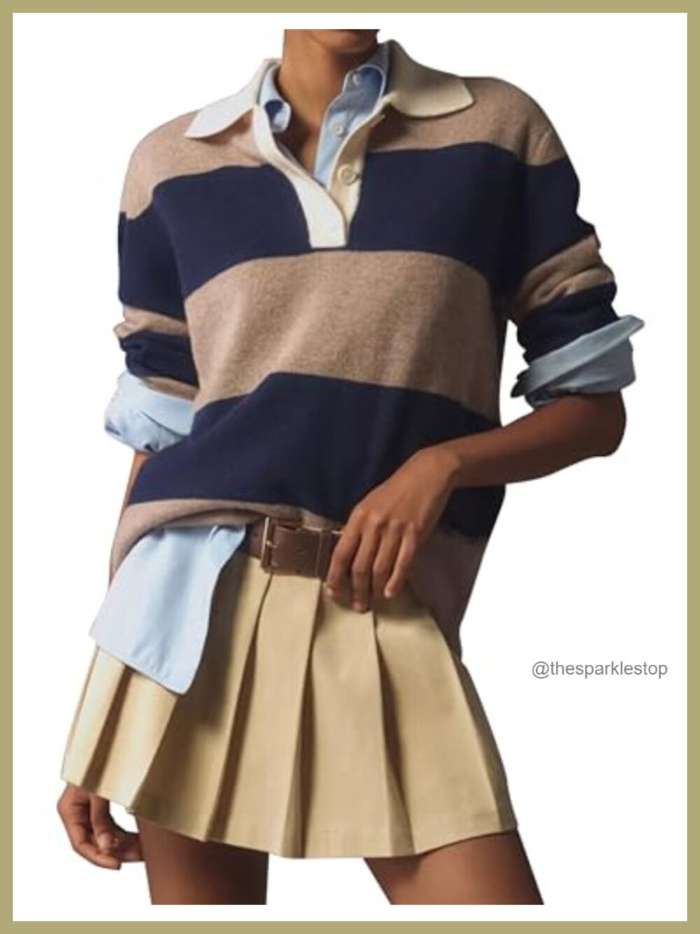 Womens Striped Sweater Polo Collar Pullover Boxy Fit Long Sleeve Top